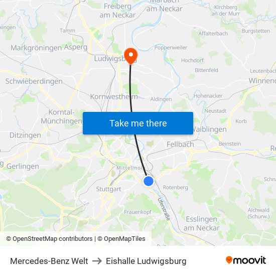 Mercedes-Benz Welt to Eishalle Ludwigsburg map