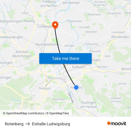 Rotenberg to Eishalle Ludwigsburg map