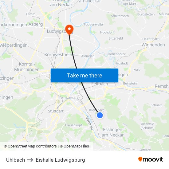 Uhlbach to Eishalle Ludwigsburg map