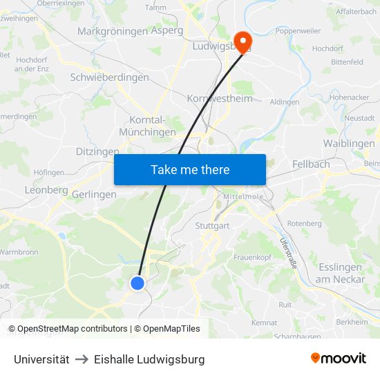 Universität to Eishalle Ludwigsburg map