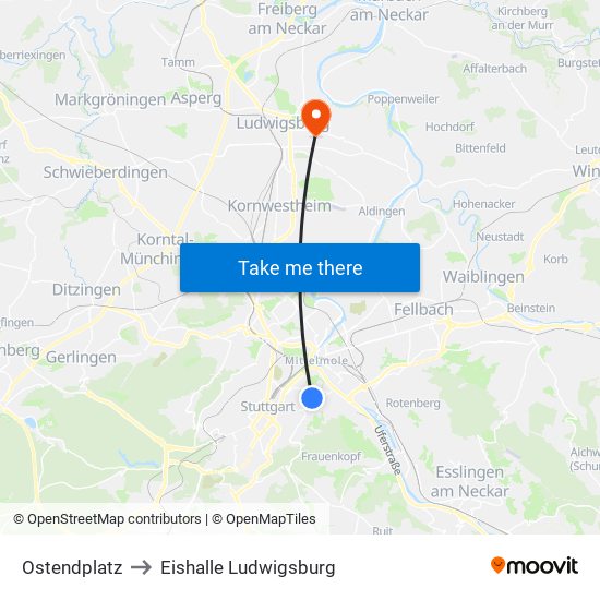 Ostendplatz to Eishalle Ludwigsburg map