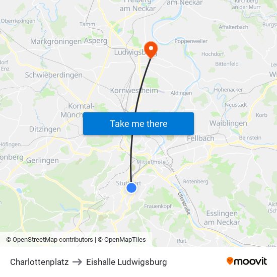 Charlottenplatz to Eishalle Ludwigsburg map