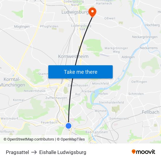 Pragsattel to Eishalle Ludwigsburg map