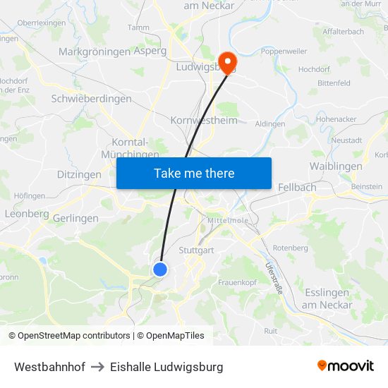 Westbahnhof to Eishalle Ludwigsburg map