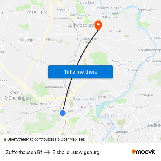 Zuffenhausen Bf to Eishalle Ludwigsburg map