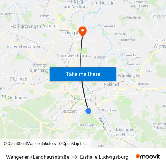 Wangener-/Landhausstraße to Eishalle Ludwigsburg map