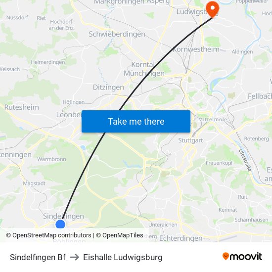 Sindelfingen Bf to Eishalle Ludwigsburg map