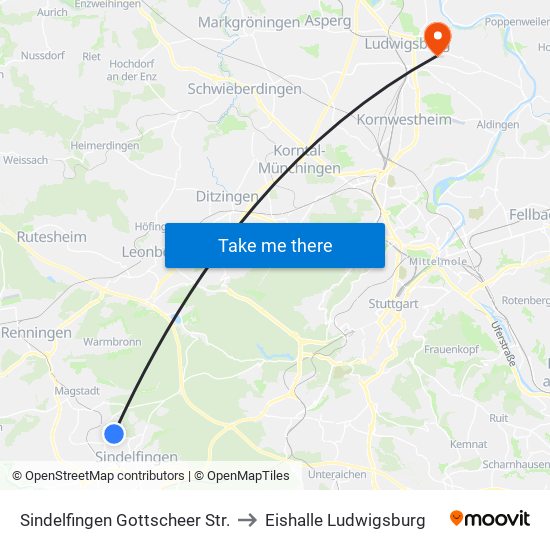 Sindelfingen Gottscheer Str. to Eishalle Ludwigsburg map