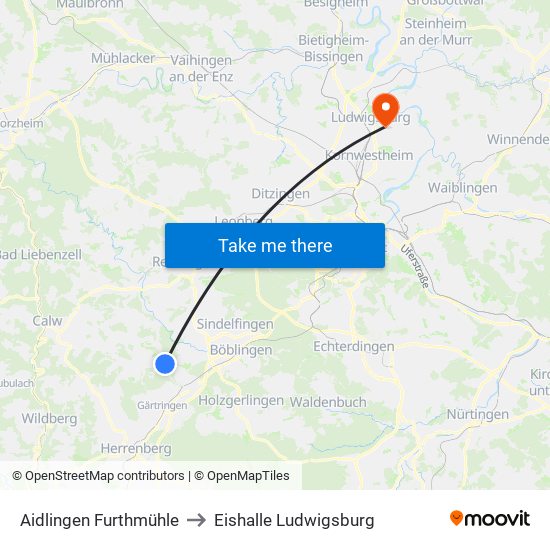 Aidlingen Furthmühle to Eishalle Ludwigsburg map