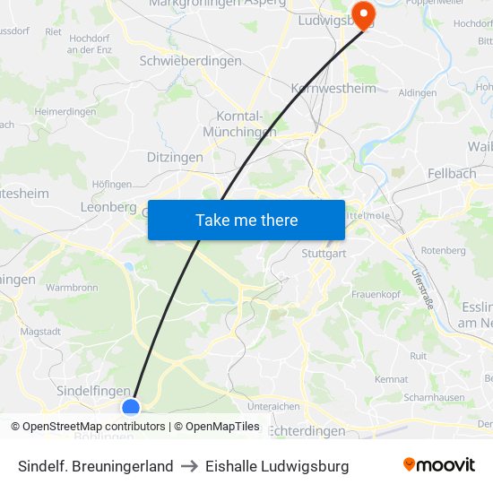 Sindelf. Breuningerland to Eishalle Ludwigsburg map