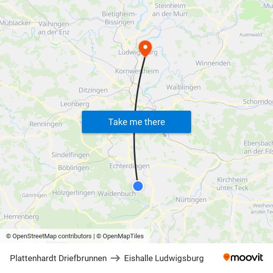 Plattenhardt Driefbrunnen to Eishalle Ludwigsburg map