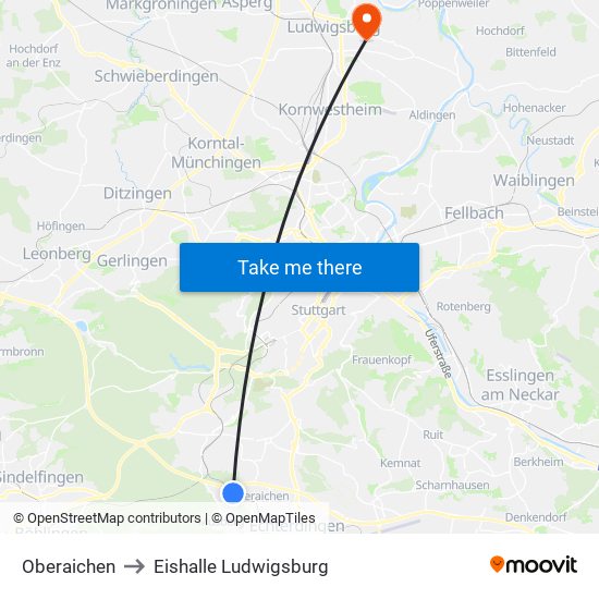 Oberaichen to Eishalle Ludwigsburg map