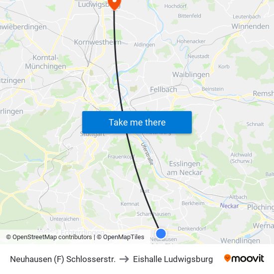 Neuhausen (F) Schlosserstr. to Eishalle Ludwigsburg map