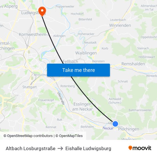 Altbach Losburgstraße to Eishalle Ludwigsburg map