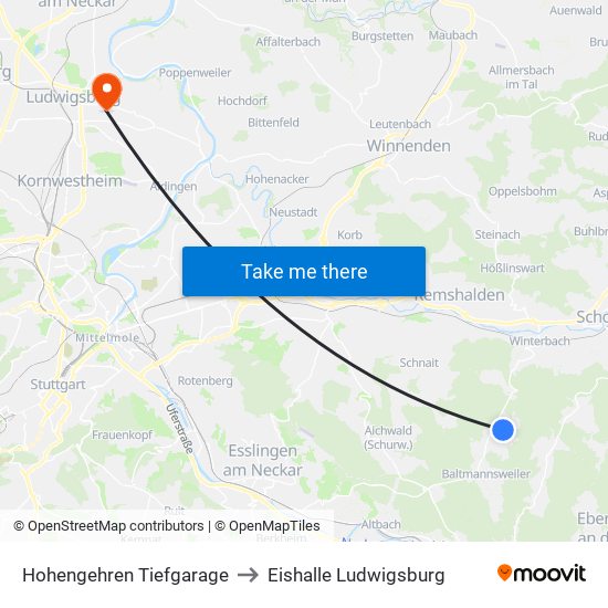 Hohengehren Tiefgarage to Eishalle Ludwigsburg map