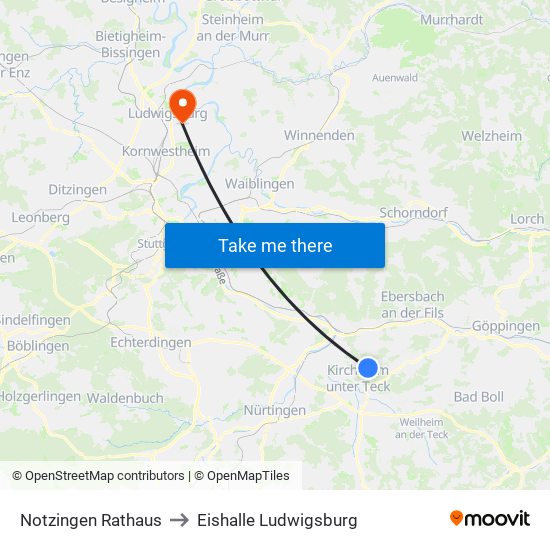 Notzingen Rathaus to Eishalle Ludwigsburg map