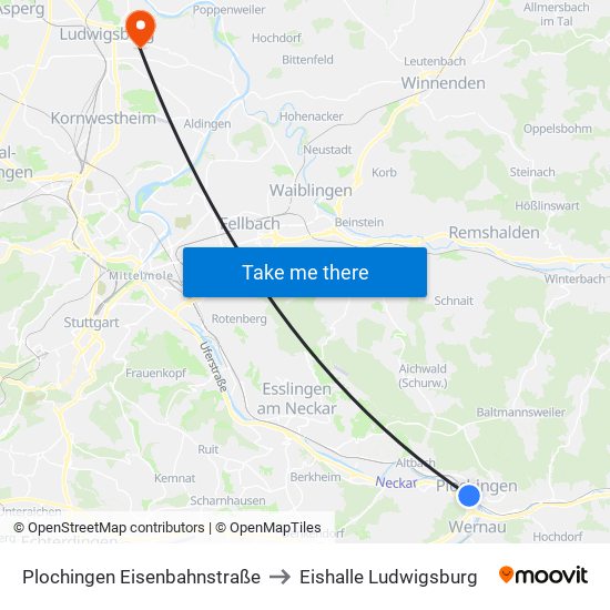 Plochingen Eisenbahnstraße to Eishalle Ludwigsburg map