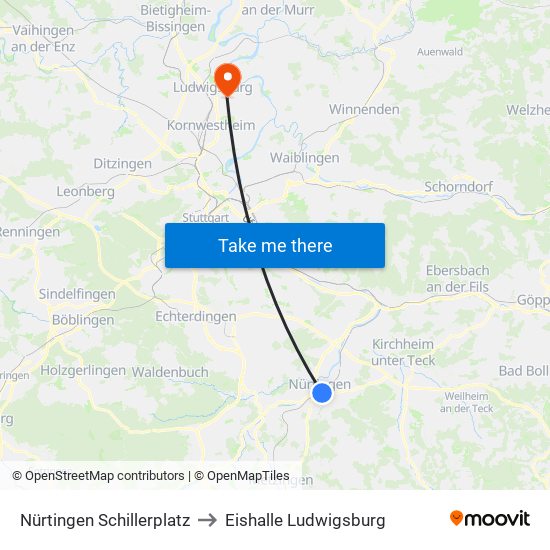 Nürtingen Schillerplatz to Eishalle Ludwigsburg map