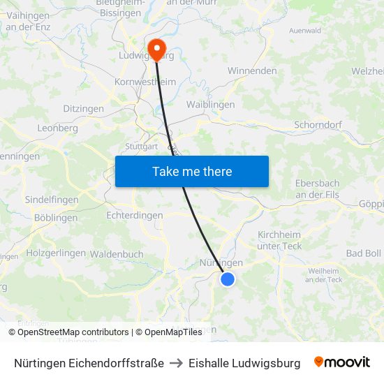 Nürtingen Eichendorffstraße to Eishalle Ludwigsburg map
