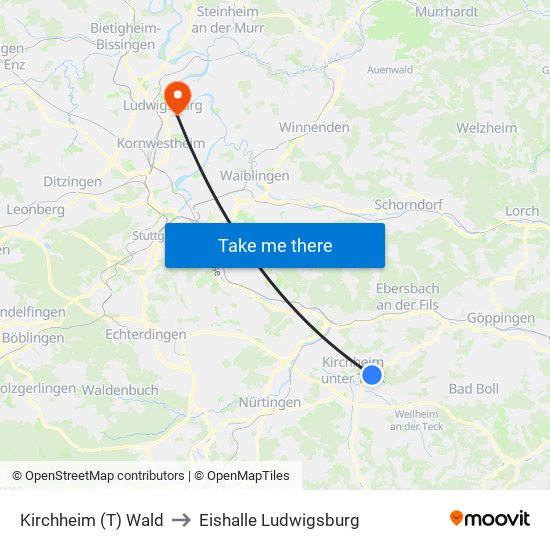 Kirchheim (T) Wald to Eishalle Ludwigsburg map