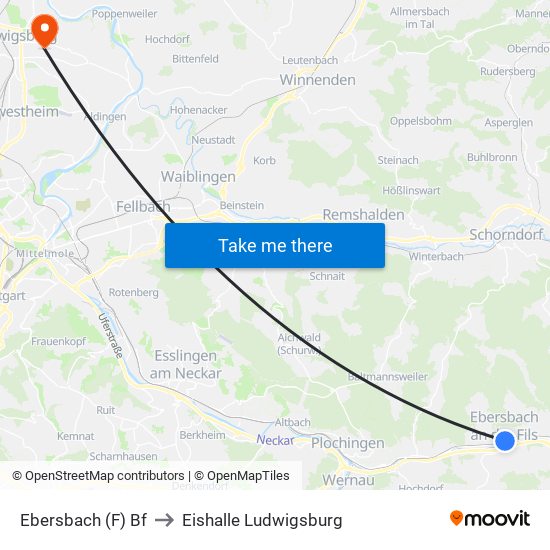 Ebersbach (F) Bf to Eishalle Ludwigsburg map