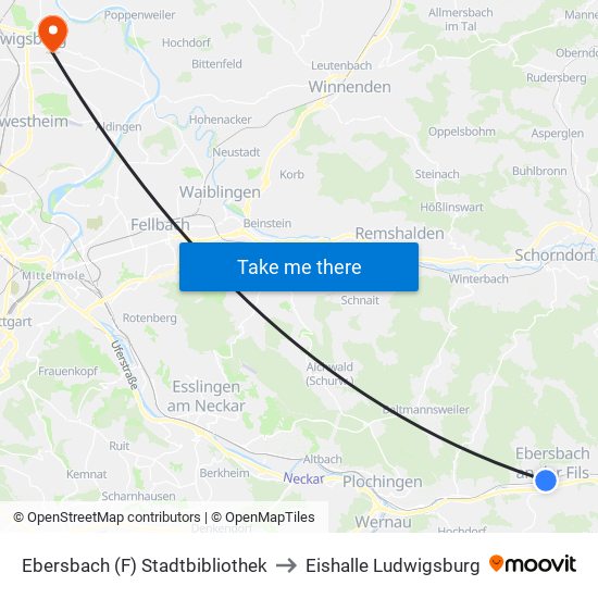 Ebersbach (F) Stadtbibliothek to Eishalle Ludwigsburg map