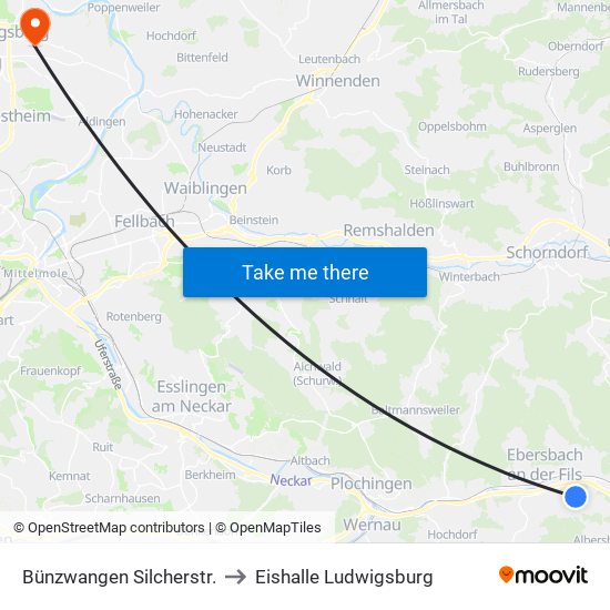 Bünzwangen Silcherstr. to Eishalle Ludwigsburg map