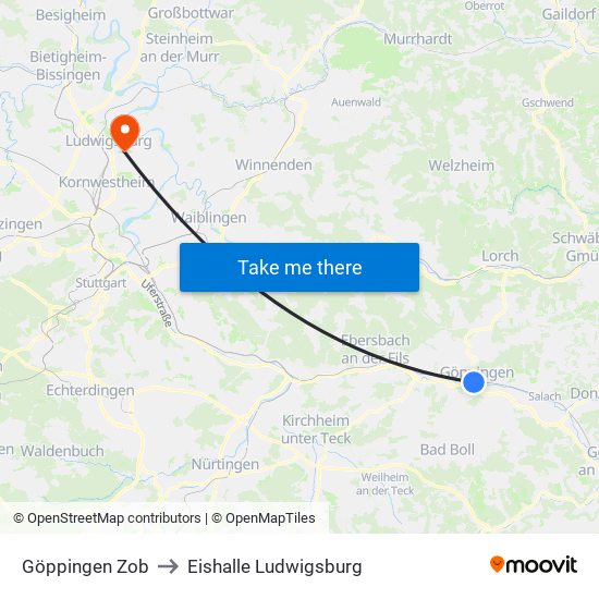 Göppingen Zob to Eishalle Ludwigsburg map