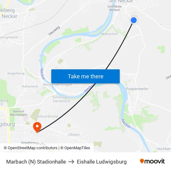 Marbach (N) Stadionhalle to Eishalle Ludwigsburg map