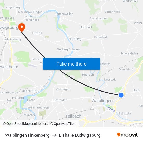 Waiblingen Finkenberg to Eishalle Ludwigsburg map