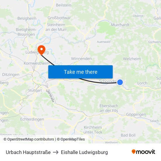 Urbach Hauptstraße to Eishalle Ludwigsburg map