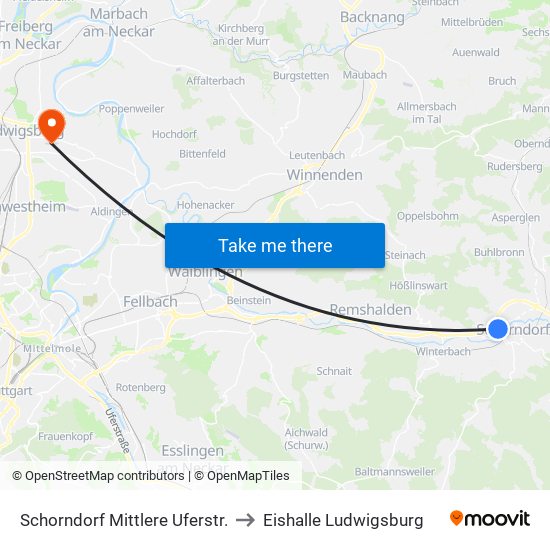 Schorndorf Mittlere Uferstr. to Eishalle Ludwigsburg map