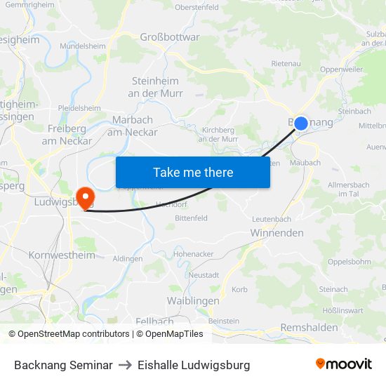 Backnang Seminar to Eishalle Ludwigsburg map