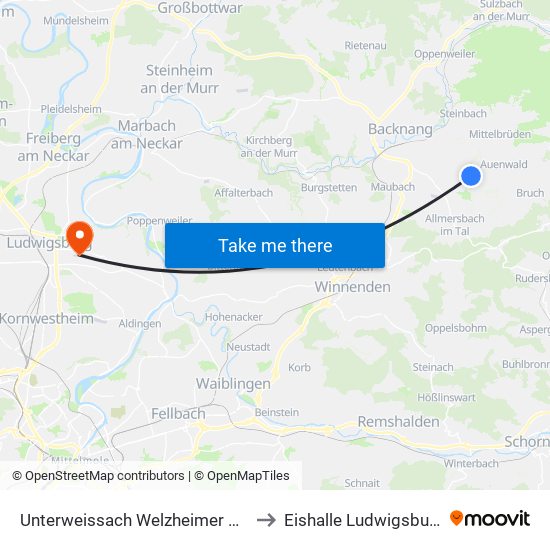 Unterweissach Welzheimer Str. to Eishalle Ludwigsburg map