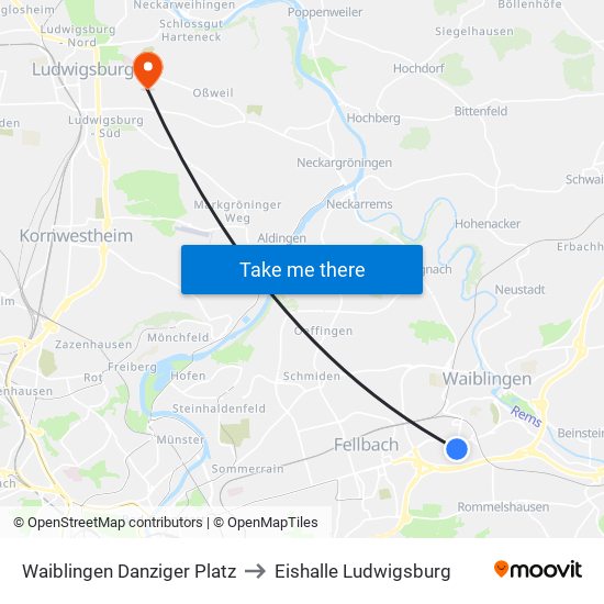 Waiblingen Danziger Platz to Eishalle Ludwigsburg map