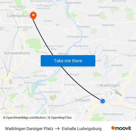 Waiblingen Danziger Platz to Eishalle Ludwigsburg map