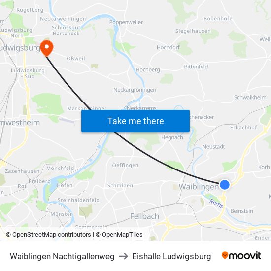 Waiblingen Nachtigallenweg to Eishalle Ludwigsburg map
