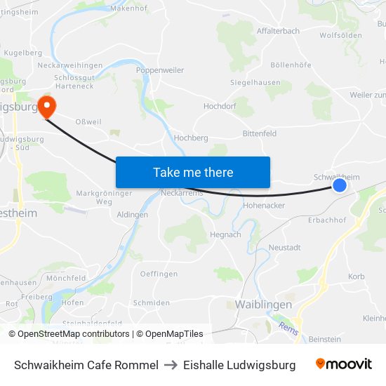 Schwaikheim Cafe Rommel to Eishalle Ludwigsburg map