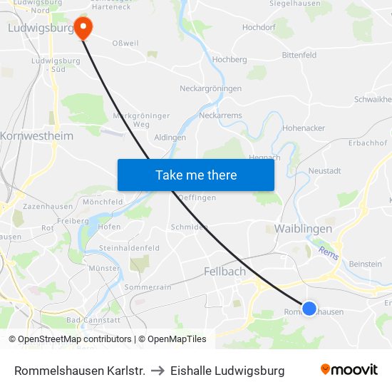 Rommelshausen Karlstr. to Eishalle Ludwigsburg map