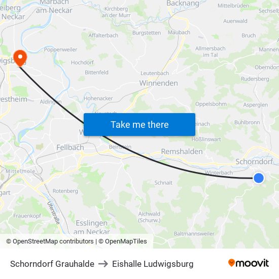 Schorndorf Grauhalde to Eishalle Ludwigsburg map