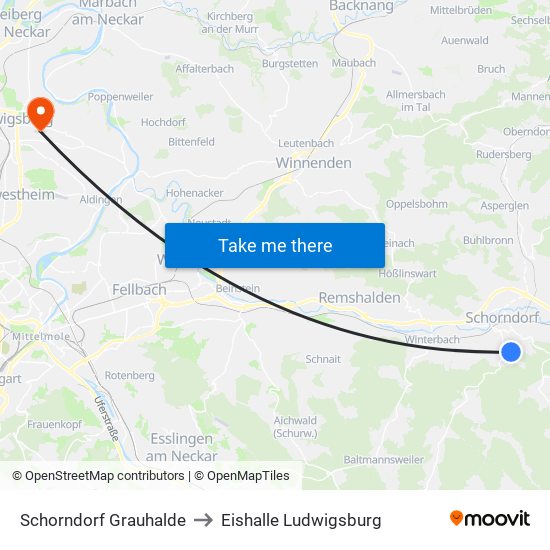 Schorndorf Grauhalde to Eishalle Ludwigsburg map