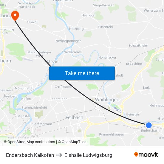 Endersbach Kalkofen to Eishalle Ludwigsburg map