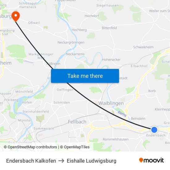 Endersbach Kalkofen to Eishalle Ludwigsburg map