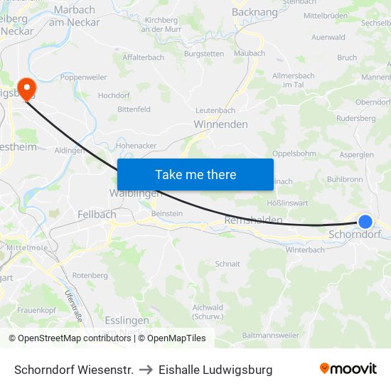 Schorndorf Wiesenstr. to Eishalle Ludwigsburg map