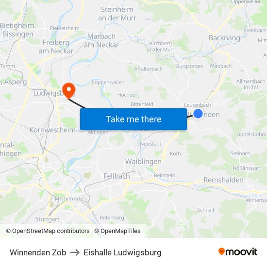 Winnenden Zob to Eishalle Ludwigsburg map