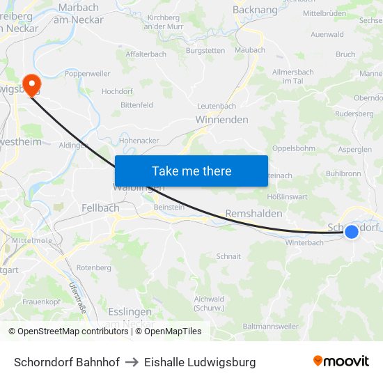 Schorndorf Bahnhof to Eishalle Ludwigsburg map