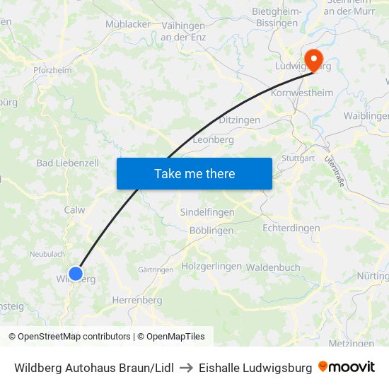 Wildberg Autohaus Braun/Lidl to Eishalle Ludwigsburg map