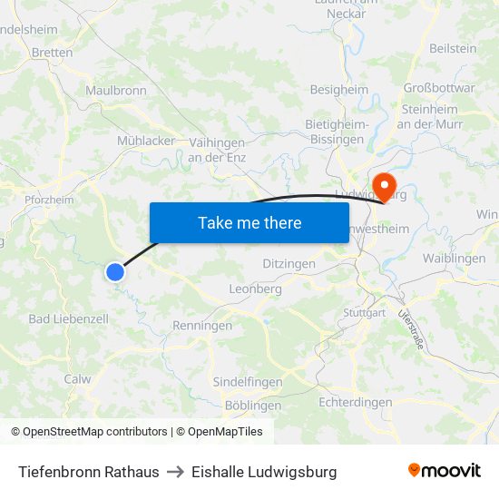 Tiefenbronn Rathaus to Eishalle Ludwigsburg map