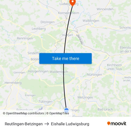 Reutlingen-Betzingen to Eishalle Ludwigsburg map