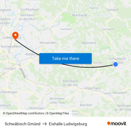 Schwäbisch Gmünd to Eishalle Ludwigsburg map